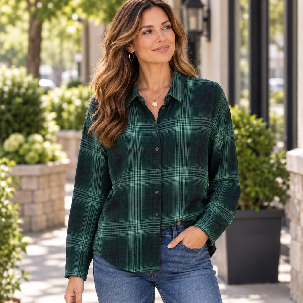 J. Jill Green Plaid Rayon Button Down Shirt Womens Small Petite Long Sleeve Top